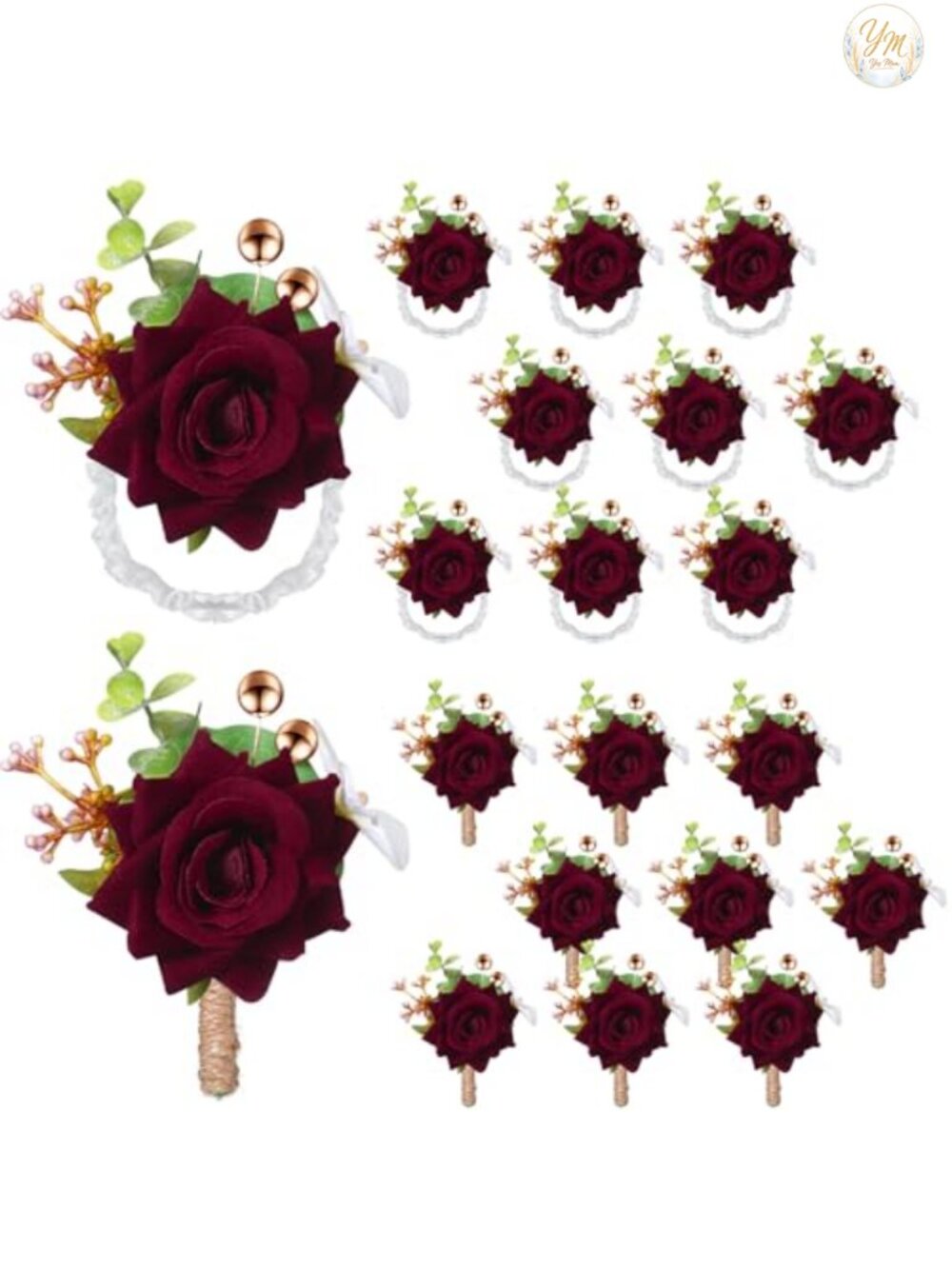 20 Pc Rose Corsage and Boutonniere Set Wedding Party Decor